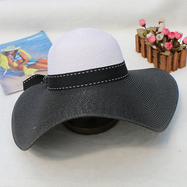 Wholesale Women's Large Brim Straw Hat Summer Sun Hat with Bow Tie Straw 