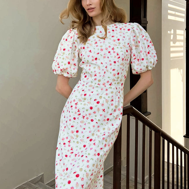 Wholesale Women's Summer Slim Waist Long Skirt Puff Sleeve Printed Floral Dress