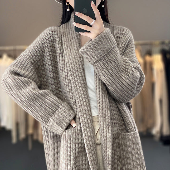 Wholesale Women's Spring Fall Mid-Length V-neck Cardigan Wool Sweater Jacket
