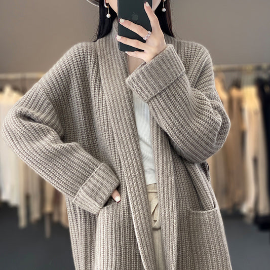 Wholesale Women's Spring Fall Mid-Length V-neck Cardigan Wool Sweater Jacket