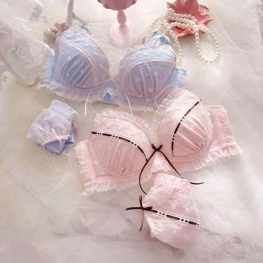 Girls Beauty Ribbon Embroidered Thin Cup Push-up Sexy Underwear Bra Set