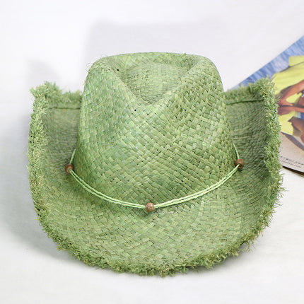 Wholesale Green Raffia Hand-woven Raw Edge Western Cowboy Hat Freeform Straw Hat 