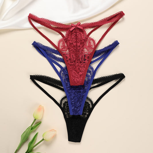 Wholesale Ladies Lace Low Waist Ribbon Bowknot Sexy See-Through Thong Panties