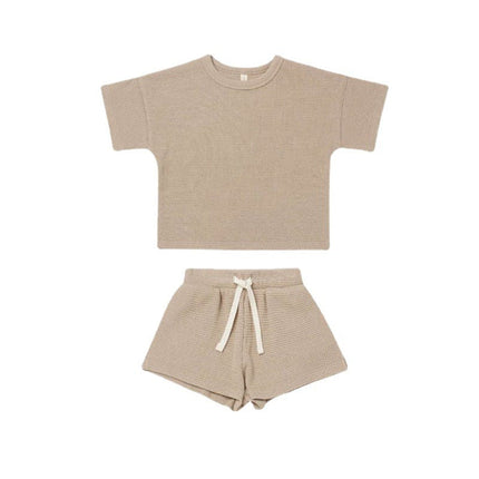 Wholesale Infant Baby Summer Waffle Striped Short Sleeve Shorts Set
