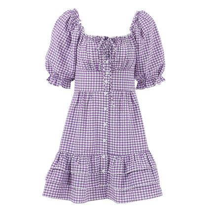 Wholesale Women's Summer Puff Sleeve Ruffle Hem Purple Check Square Neck Dress