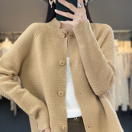 Wholesale Women's Hollow Stand Collar Cardigan Short Wool Sweater Jacket 