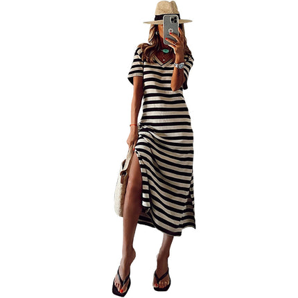 Wholesale Ladies Slit Knitted Maxi Dress Summer Striped Short Sleeve Dress