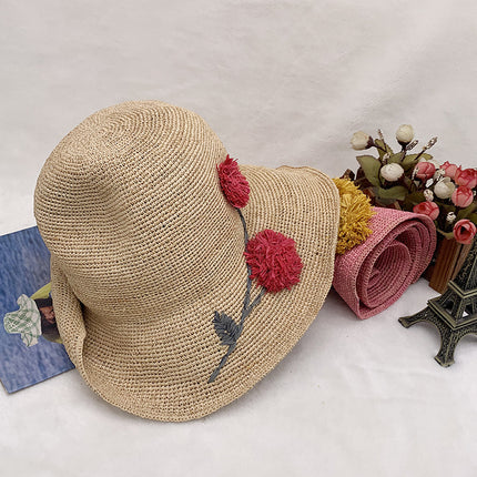 Wholesale Embroidered Raffia Sun Hat Sunshade Straw Spring Summer Foldable Sun Hat 