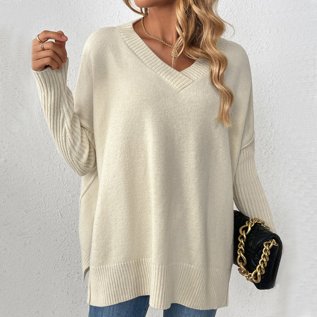 Wholesale Women's Fall Winter Pullover V-neck Splicing Sweater