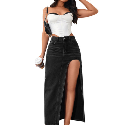 Wholesale Women's High Slit Denim Washed Solid Color Maxi Skirt