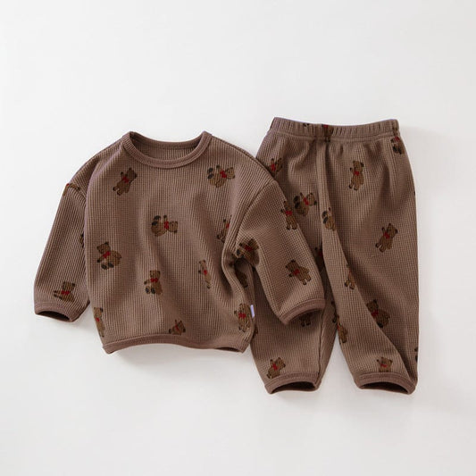 Wholesale Spring Newborn Baby Clothes Infant Cotton Waffle Round Neck Sweater Two-Piece Set