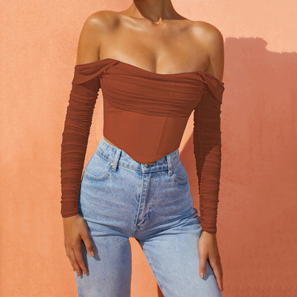 Women's Fall Mesh Perspective Off-shoulder Cropped Navel-Baring Top