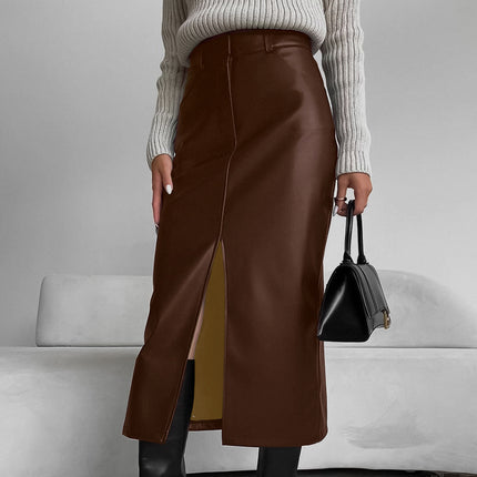 Women's Autumn and Winter Retro Velvet PU Leather Slit Skirt