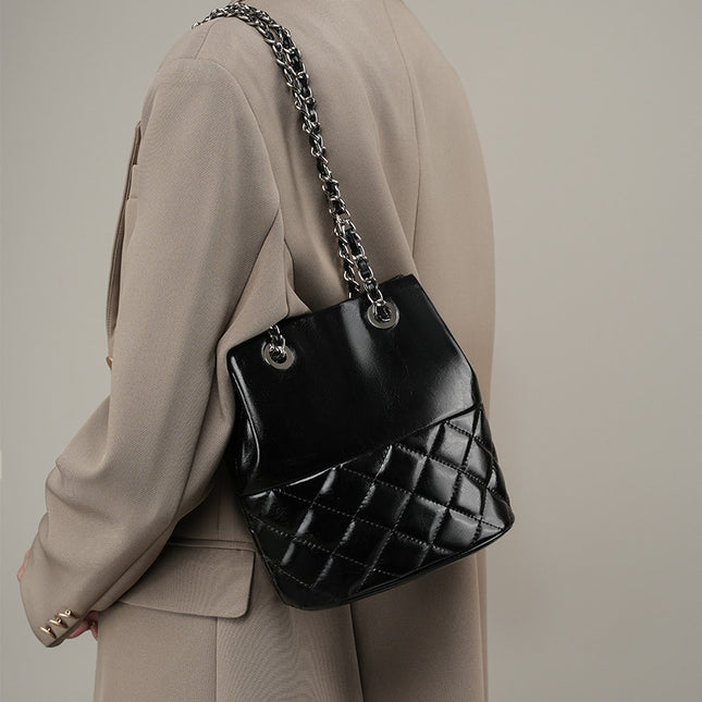 Women's Genuine Leather Rhombus Chain Bucket Bag Shoulder Crossbody Bag 