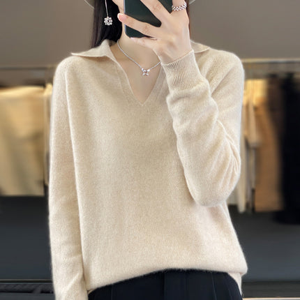 Wholesale Women's V-neck Solid Color Loose Short Wool Seamless Sweater