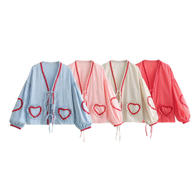 Women's Summer Check Heart Lantern Sleeve V-Neck Ribbon Shirt