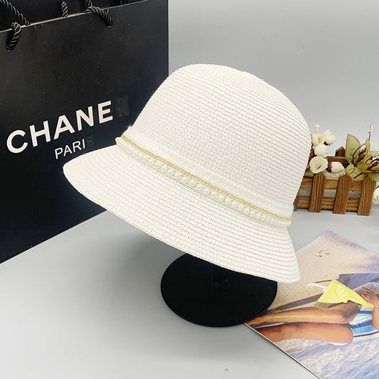 Women's Spring Summer Dome Fisherman Hat Wide Brim Sun Protection Pearl White Top Hat