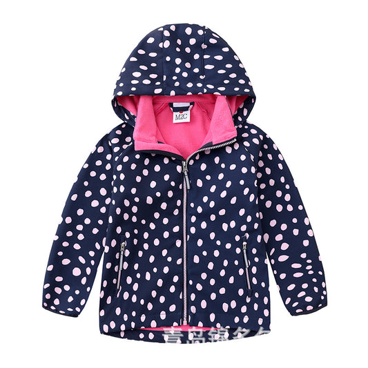 Wholesale Girls Fall Zipper Hooded Polka Dot Plus Velvet Warm Jacket