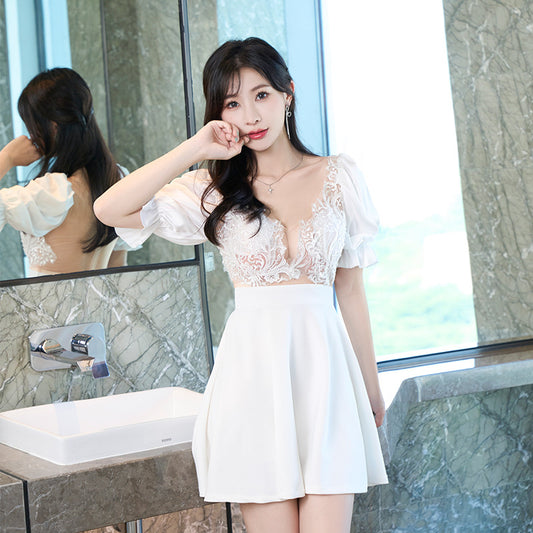 Wholesale Women's Sexy Deep V Lace Embroidered Slim  See-through Dress