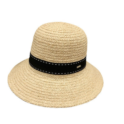 Wholesale Hand-woven Raffia Sunshade Breathable Bow Dome Basin Hat Straw Hat