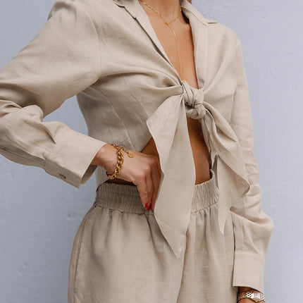 Wholesale Ladies Spring Summer Cotton Linen Suit Ladies Long Sleeve Shirt Pants Two-Piece Set