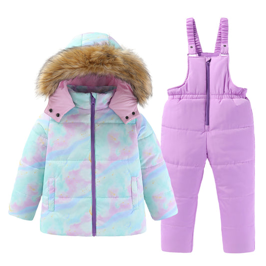 Wholesale Girls Printed Large Fur Collar Warm Padded Ski Suit Two-piece Set