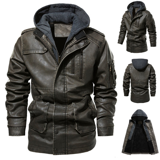 Wholesale Men's Classic Retro Mid-Length Hooded Leather Jacket