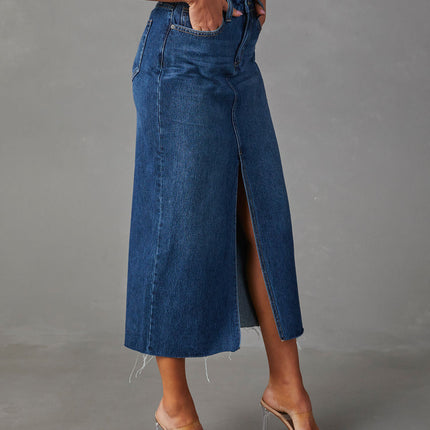 Wholesale Women's Slit Denim High Waist Washed Mid Length Skirt
