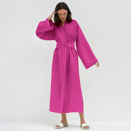 Wholesale Ladies Cotton Linen Long Sleeve Robe Dress Women's  Autumn Belt Maxi Dress