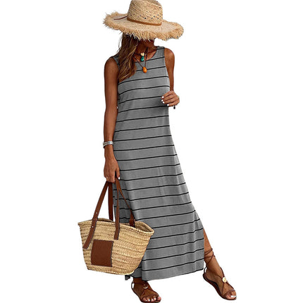 Wholesale Women's Summer Striped Sundress Round Neck Sleeveless High Waist Long Dress