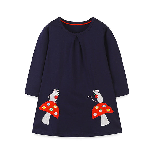 Wholesale Girls Cartoon Round Neck Long Sleeve Embroidered Dress