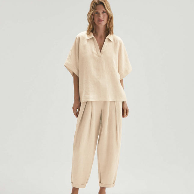 Wholesale Ladies Summer Comfortable Casual Solid Color V Neck Pure Cotton Short Sleeve Pants Two-piece Set