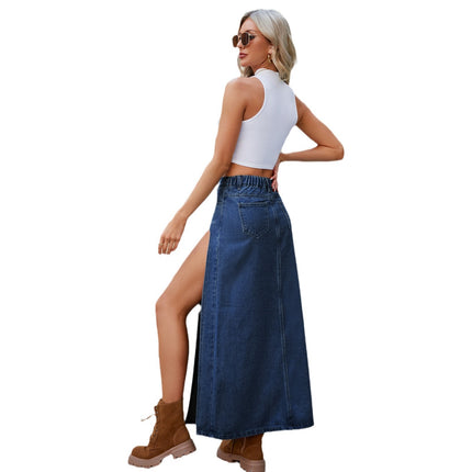 Wholesale Women's Washed Sexy High Slit Denim Maxi Skirt