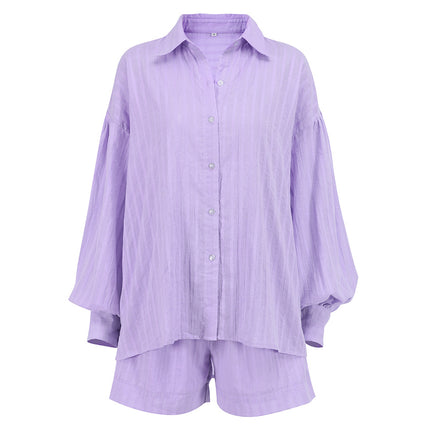 Wholesale Women's Fall Winter Striped Puff Sleeve Shorts Jacquard Shirt Casual Two-piece Set