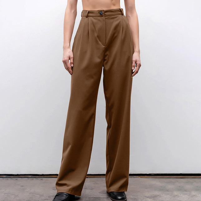 Wholesale Women's Autumn Winter Brown High Waist Casual Loose Straight Pants