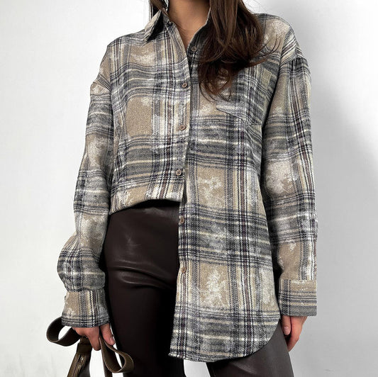 Women's Retro Loose Autumn and Winter Long-sleeved Check Shirt