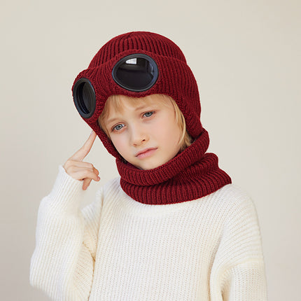 Wholesale Children's Winter Velvet Knitted Hat with Glasses and Scarf Two-piece Set