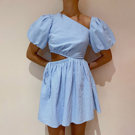 Wholesale Ladies Summer Cotton Puff Sleeve Blue Dress Short Sleeve Open Waist A Line Dress