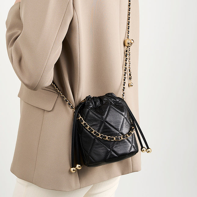 Women's High-end Chain Leather Mini Bag Crossbody Bucket Bag 