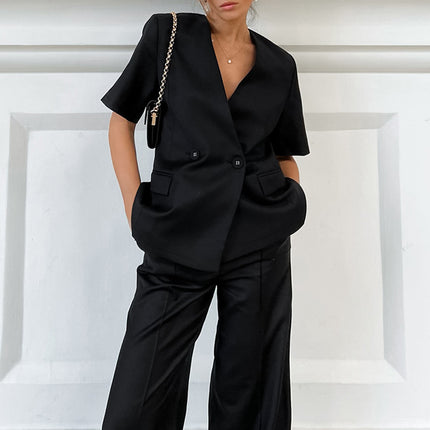 Wholesale Women's Summer V-neck Suit Short-sleeved High Waist Wide-leg Pants Casual Two-piece Set