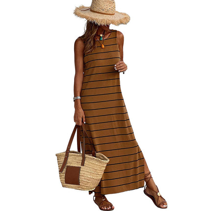 Wholesale Women's Summer Striped Sundress Round Neck Sleeveless High Waist Long Dress