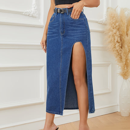 Wholesale Women's High-waisted Washed Fashionable Slit Whiskered Denim Skirt