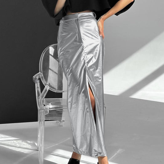 Wholesale Women's Summer Fashion Silver Hip Slit Slim High Waist Long Skirt