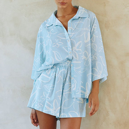 Wholesale Women's Summer Comfortable Casual Fashion Printed Shirt Loose Wide Leg Shorts Two Piece Set