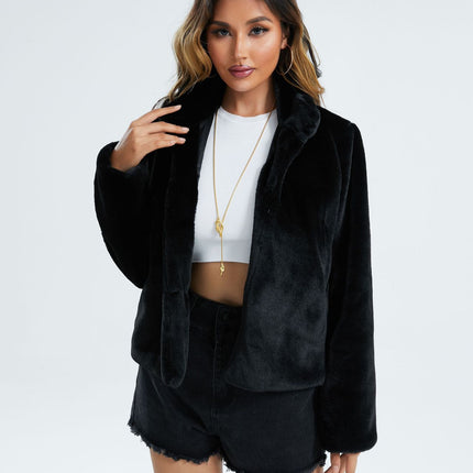 Wholesale Ladies Winter Slim Long Sleeve Stand Collar Faux Fur Coat