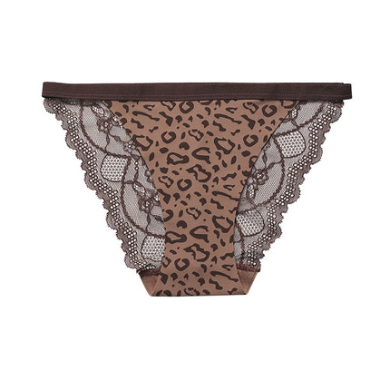 Wholesale Women's Ice Silk Traceless Briefs Mid Waist Thin Strap Sexy Leopard Lace Panties