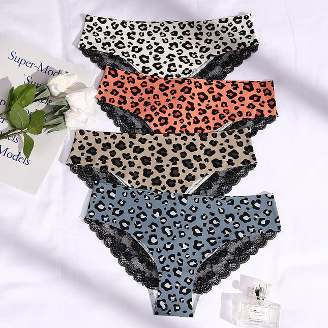Women's Lace Leopard Panties Low Waist Sexy Ice Silk Panties Cotton Crotch Briefs