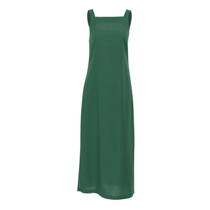 Wholesale Ladies Green Cotton Linen Loose Slit Sling Dress Women's Summer Maxi Dress