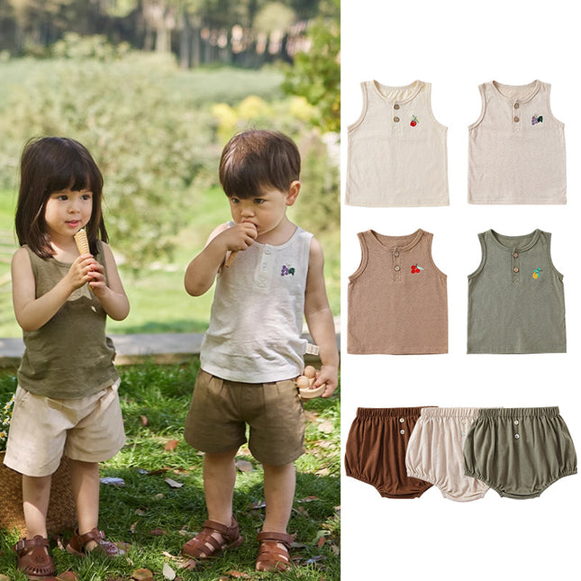 Kids Summer Solid Color Embroidery Vest Shorts Two-piece Set
