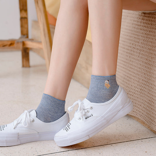 Wholesale Women's Summer Thin Cartoon Embroidery Solid Color Cotton Mid-calf Socks